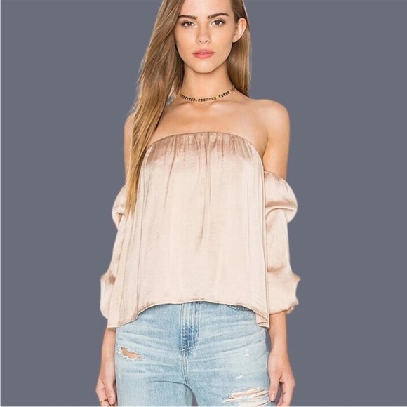 Revolve Bardot Caught Sleeve Off Shoulder Satin Bustier Top in Pebble - 4 - Picture 4 of 15